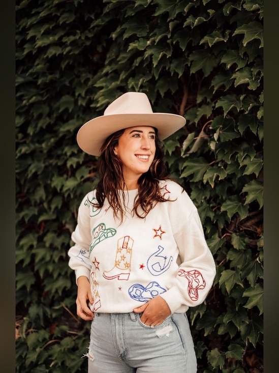 Eloise Sweaters - Eloise Raye Howdy Metallic Embroidered Western Cowboy Sweater Cream | Size S